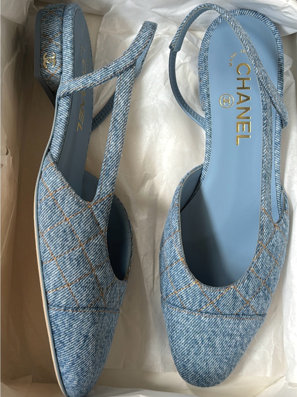 CHANEL Quilted Denim Slingback